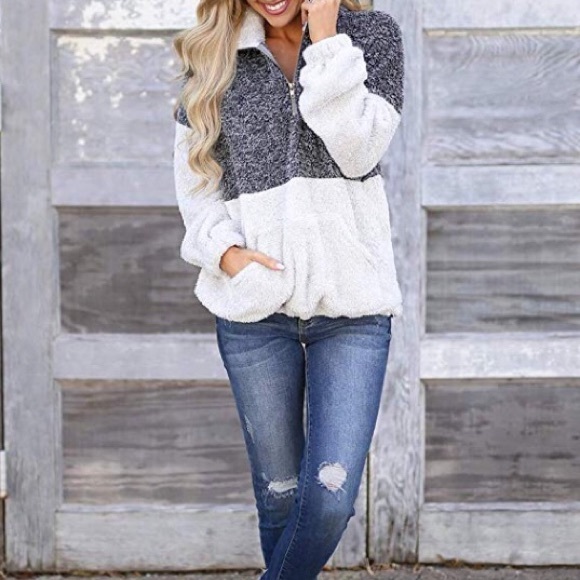 Heather/ dark grey contrast fleece sweater,All Products : American Fashion Style Bags On Sale